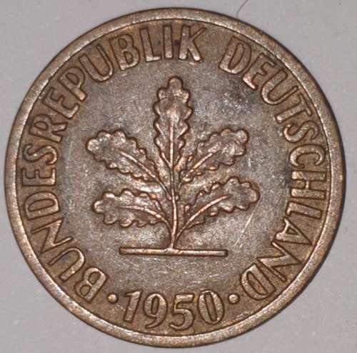 1950 F - 10 PFENNIG - TEN PFENNIG - GERMANY - FEDERAL REPUBLIC - (Brass Clad Steel) KM# 108